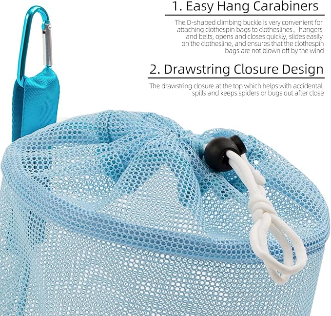 MinYee Mesh Clothespin Bag for Clothesline Outdoor, Multiple Hanging Methods Clothes Pin Bag with Drawstring Closure, Ventilation and Moisture Resistance, LargeCapacity Clothespin Storage Organizer