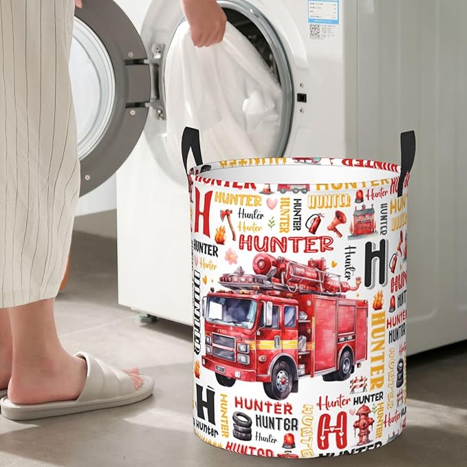 Personalized Fire Truck Laundry Basket For Baby Kids Boys Girls Adult Custom Hamper Basket With Name For Bathroom Bedrooms Collapsible Baby Laundry Basket, Dirty Clothes Hamper With Handles