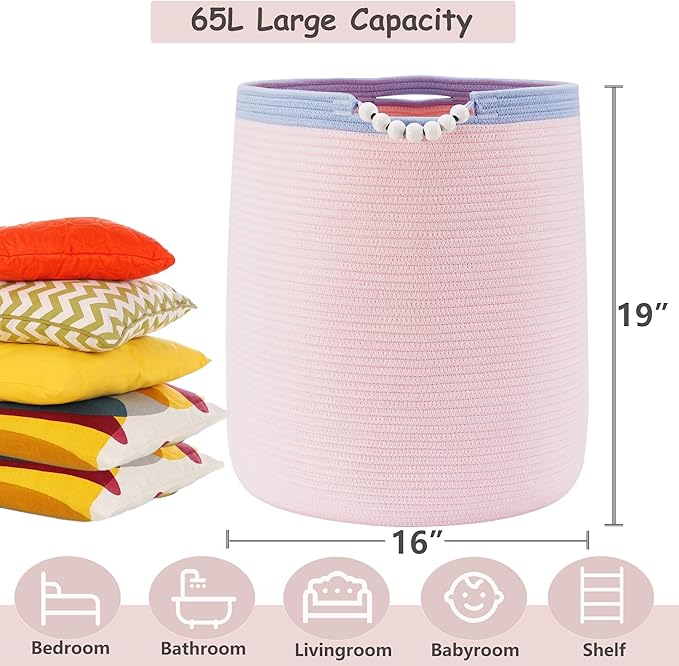 65L Pink Woven Rope Laundry Hamper Basket for Clohtes Boho Tall Rope Baskets for Blanket Large Baby Nursery Hamper for Girls Kids 16"Wide 19"Tall