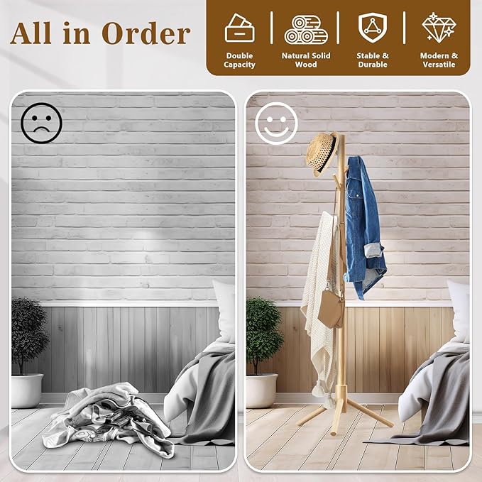 Wooden Coat Rack Freestanding with 8 Hooks,Easy Assembly New Zealand Pine Tree Coat Racks, 3 Adjustable Sizes for Clothes, Hats, Bags, for Entryway, Hallway, Bedroom, Office (Natural, 2PCS)