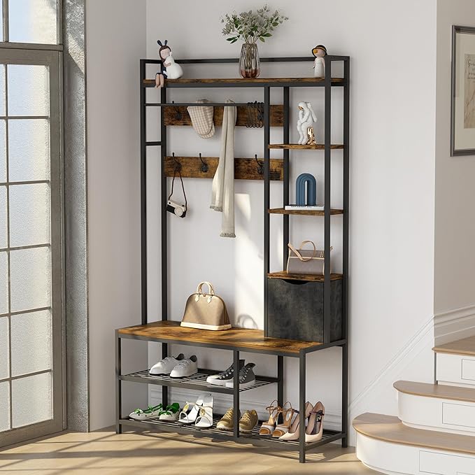 Hall Tree with Storage Bench, Coat Rack Freestanding, Entryway Bench with Storage, Coat Rack with Shoe Storage, 5-In-1 Hall Tree with 12 Hooks for Entryway, Hallway