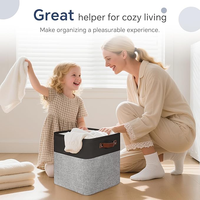 Cube Storage Baskets 6 Pack, 11x11 inch Cube Storage Bins with Leather Handles for Shelf Closet (Black/ Gray)