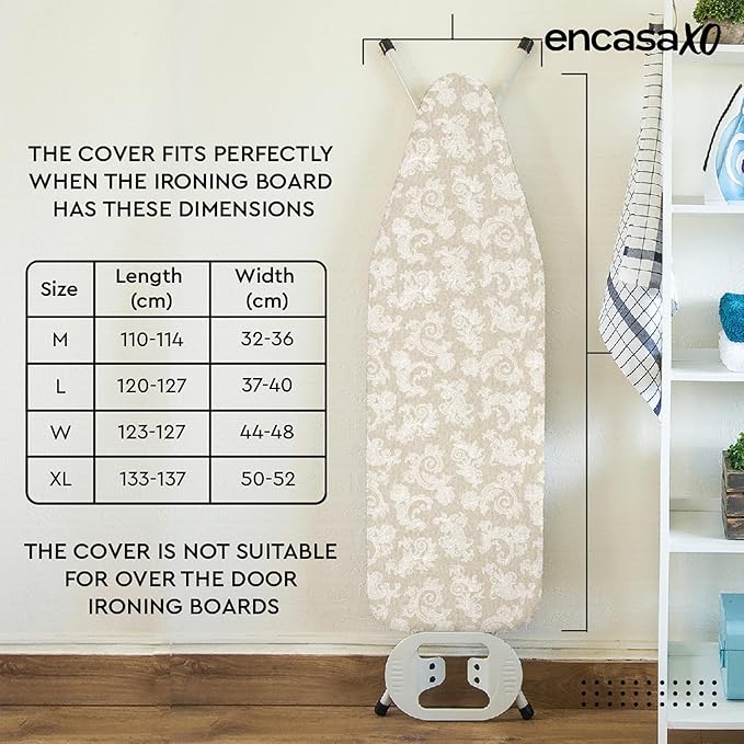 Encasa XO Ironing Board Cover with 4mm Extra Thick Felt Pad for Steam Press – Beige - (Fits Standard Boards of Medium, 42"x14") Elastic Fitting, Heat Reflective, Protective