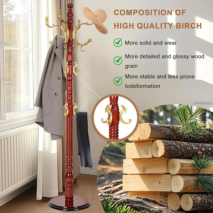 Solid Wood Coat Rack, Free Standing Hall Coat Tree with 14 Hooks, 3 Height Options, 330lbs Load, Stury Base, Clothes Rack for Entryway, Hallway, Bedroom (Disc Base - Begonia)