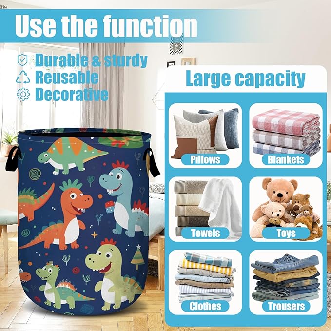 Cute Cartoon Dinosaurs Laundry Basket, Christmas Laundry Hamper Collapsible Oxford Cloth with Handle Clothes Toy Storage Bin for Bathroom Laundry Room Bedroom 15.7 X 20 Inch