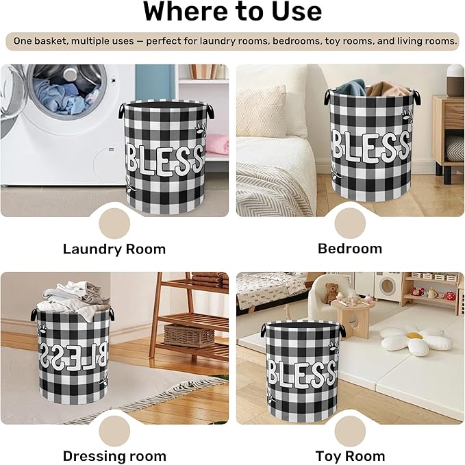 Checkered Bless Laundry Basket, Black White Foldable Laundry Hamper, Waterproof Fabric Storage Basket with Handles, Clothes Hampers for Laundry,Bedroom,Dorm
