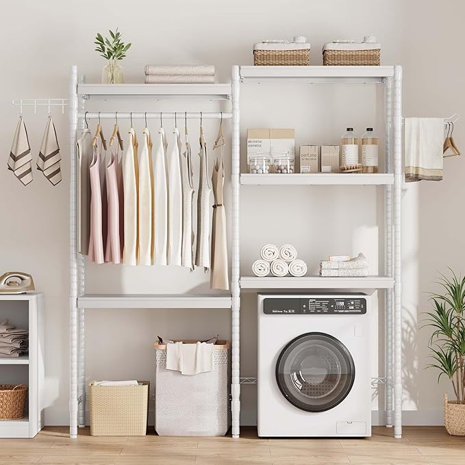 GAOMON Over The Washer and Dryer Storage Shelf, 5-Tier Adjustable Laundry Organizer with Double Layer Wood Shelves for Laundry Room Organization, White, 28 Inch