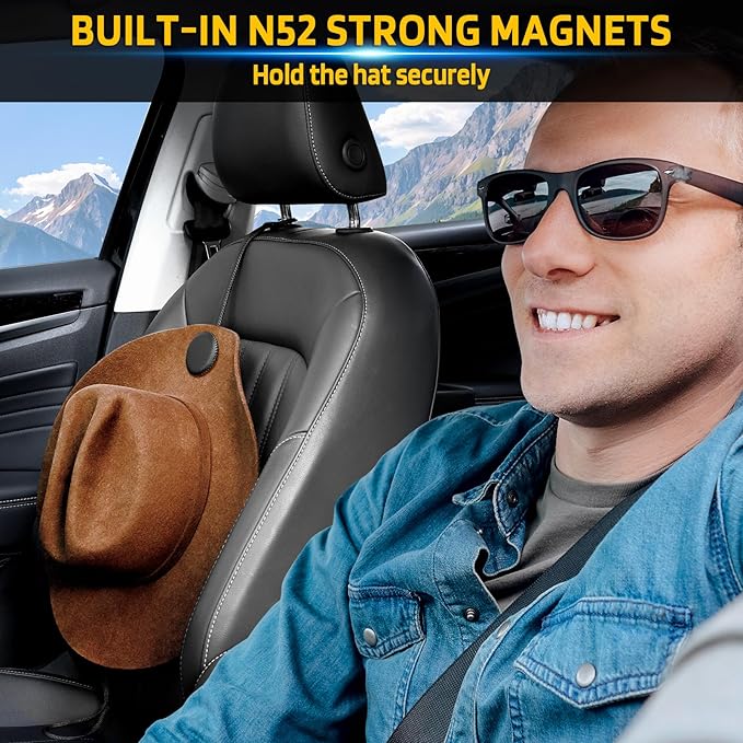 Cowboy Hat Holder for Truck, Magnetic Hat Clip Leather Hat Rack for Car, Headrest Hat Hanger Vehicle Hat Organizer Accessories - Keep Hat Shape, Beige, 1 Pack