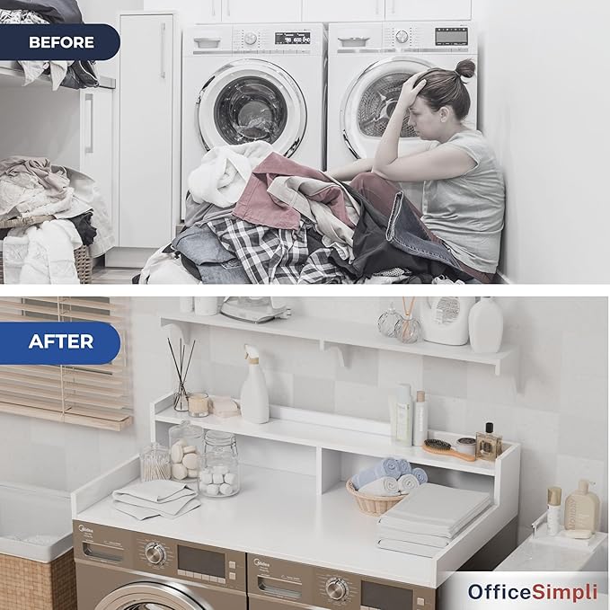 OfficeSimpli Large Washer Dryer Countertop with Shelf - 30 x 58 Inch - Made in USA Laundry Countertop Over Washer and Dryer with Non-Slip Pads, Storage Shelf, Laundry Topper Organizer, Gracier White