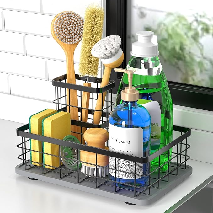 Kitchen Sink Caddy Organizer, [Stay-Dry Anywhere & No Drainage Needed] Sponge Holder for Kitchen Sink Countertop,Stainless Steel with Rust-Resistant Coating-10.24" L x 6.5" W x 5.83" H