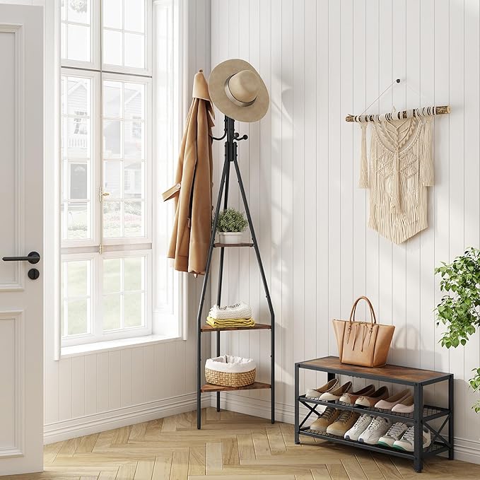 Hoctieon 3-Tier Coat Rack Freestanding with Hooks, Industrial Coat Tree Freestanding, Mordern Coat Racks Free Standing with Shelf, Coat Rack with Storage for Clothes, Hats, Bags