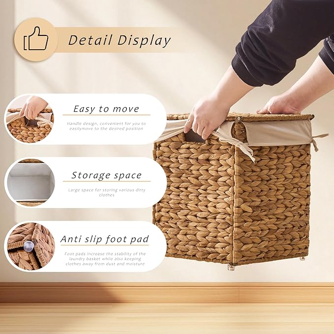 Mini Handwoven Laundry Basket with Lid, Natural Water Hyacinth Storage Basket with Handle, Removable Cotton Liner, Durable and Stylish for Bedroom, Bathroom, Laundry Room
