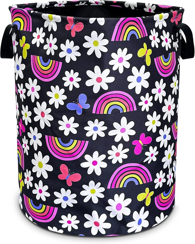 Cute Daisy Rainbow Laundry Basket Butterfly Cartoon Foldable Oxford Cloth Funny Tote Bag Laundry Hamper Clothes Storage Bucket Toy Organizer For Bathroom/Laundry/Bedroom 18.9x16.5 In