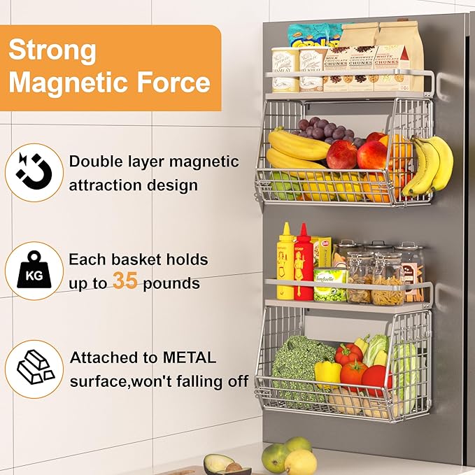 Fruit Basket 2 IN 1 Magnetic & Hanging Wall Produce Basket with Spice Rack for Potato and Onion Storage for Pantry,Kitchen Countertop and Fridge Organizer,2 PCS