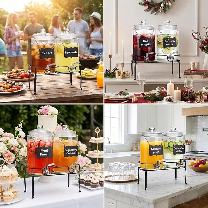 1 Gallon Glass Drink Dispenser Set of 2, Drink Dispensers for Parties, Beverage Dispenser with Stand, Glass Lid, 100% Leakproof Spigot, Ideal for Lemonade, Juice, Iced Tea, Laundry Detergent Dispenser