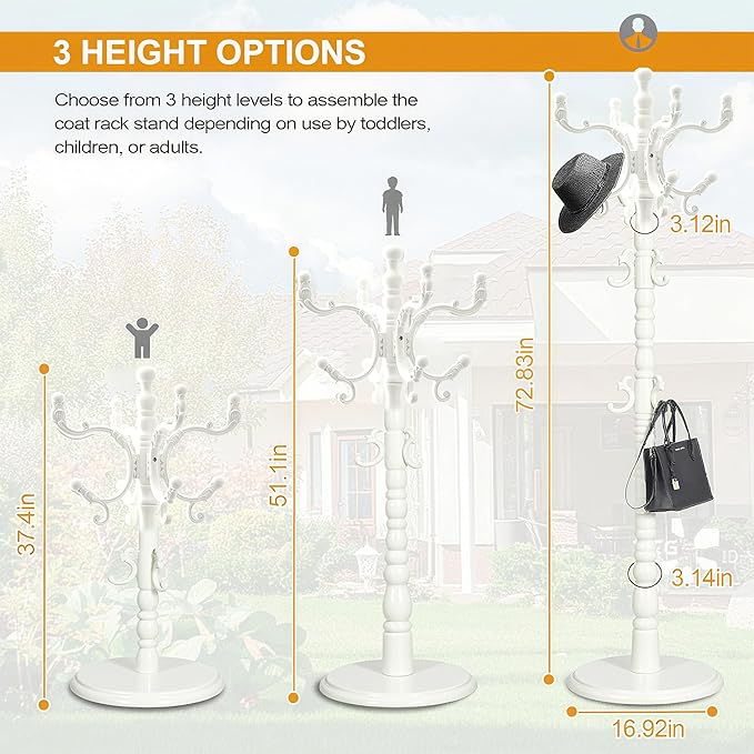 Free Standing Coat Rack with 14 Hooks, Vintage Wooden Coat Tree, Adjustable Height 73 Inches, Retro Coat Stand for Entryway, Living Room, Office & Bedroom (Retro White, 1 PCS)