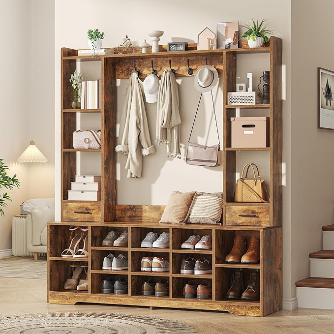 Semoic 61.6” Farmhouse Hall Tree with 2 Independent Drawers,6-in-1 Entryway Bench with Coat Rack Adjustable Shoe Storage for Foyer/Hallway,Retro