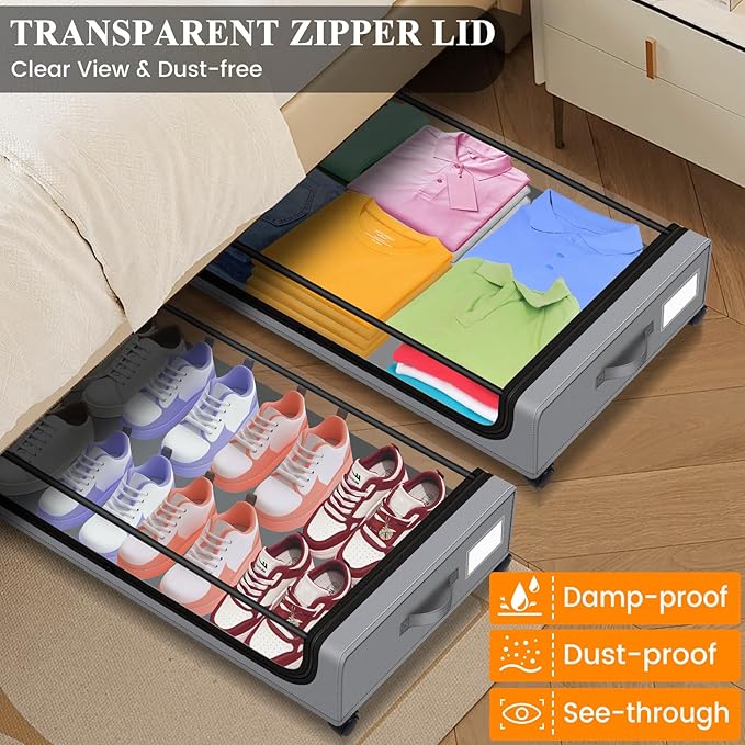 Jill Deaaa® Under Bed Storage with Wheels, 2Pack Under Bed Storage Containers with Clear Lids, XXL 60L Under Bed Shoe Storage Organizer,Dorm Bedroom Rolling Underbed Storage for Clothes, Toys, Blanket