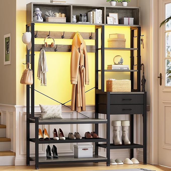 Itaar Hall Tree with Bench and Shoe Storage, 7-in-1 Entryway Bench with Coat Rack, 3 Storage Cubbies, 3 Open Shelves, 17 Coat Hooks, 2 Fabric Drawers (Oak Grey)