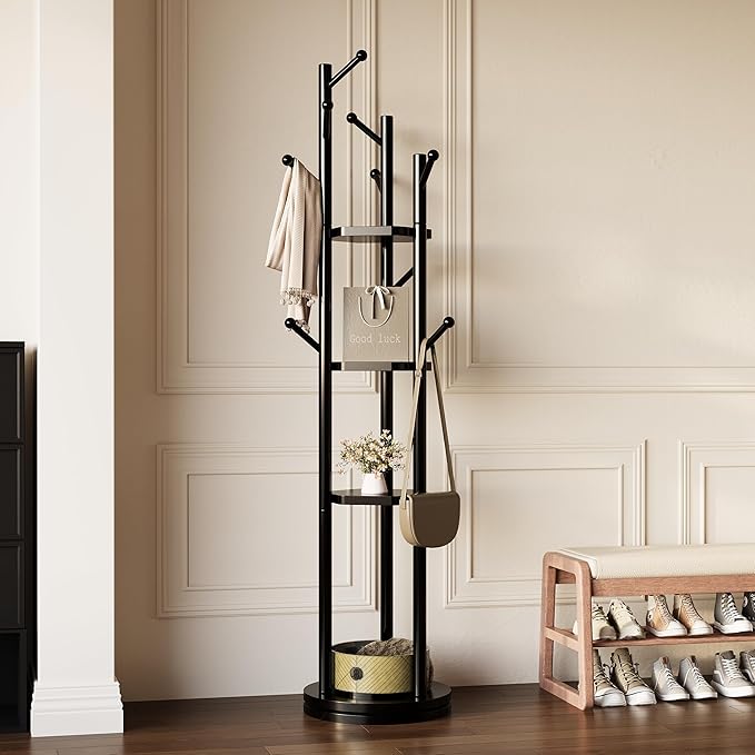 Solid Wood Coat Rack Freestanding, Rotating Coat Rack with 3 Shelves and 9 Hooks, Coat Tree for Bedroom, Entryway, Livingroom, Coat Hanger Stand for Coats, Scarves, Handbags (Black)