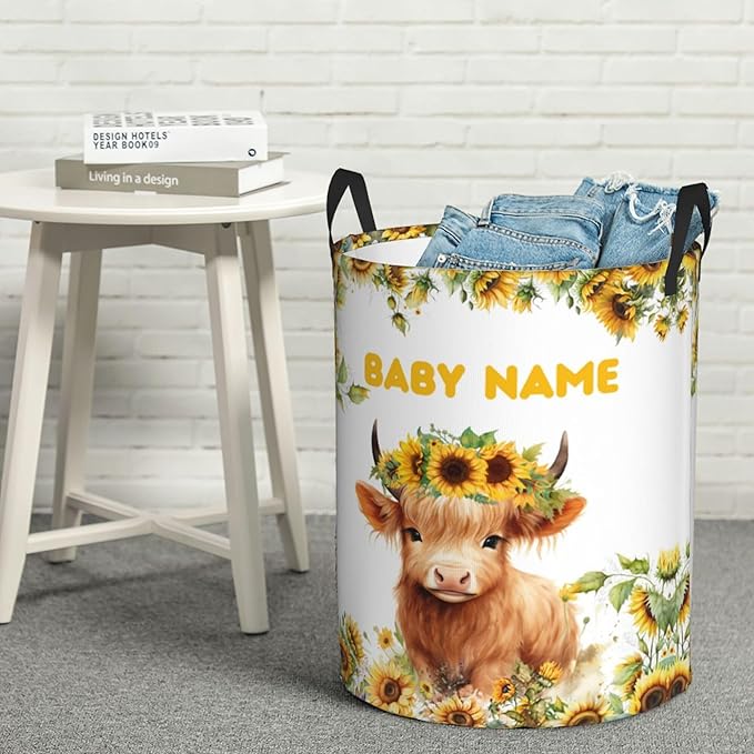 Personalized Cow Sunflower Laundry Basket For Baby Kids Boys Girls Adult Custom Hamper Basket With Name For Bathroom Bedrooms Collapsible Baby Laundry Basket, Dirty Clothes Hamper With Handles