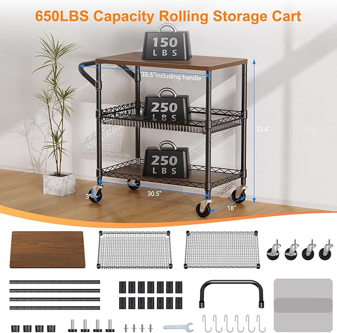 NTE Rolling Kitchen Carts on Wheels, 650Lbs Capacity 3 Tier Utility Cart with Wood Tabletop, Kitchen Storage Cart with 8 Hooks, Metal Serving Cart with Handle and Shelf Liners for Kitchen, Black
