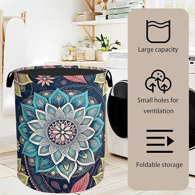 Bohemian Blue Flowers Laundry Basket, Dirty Clothes Basket, Water Resistant Foldable Hamper for Women, Storage Basket for Bedroom, Bathroom, Clothes