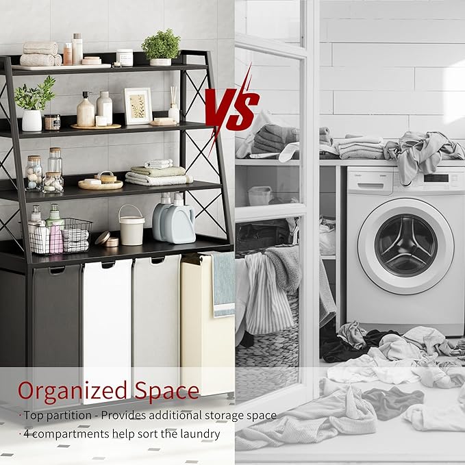 Laundry Basket, 4 Section Laundry Hamper with 4 Tiers Shelf, Pull-Out and Removable Laundry Bags, Large 4 x 15.87 Gallons, for Laundry Room Bathroom Black PF12XLK