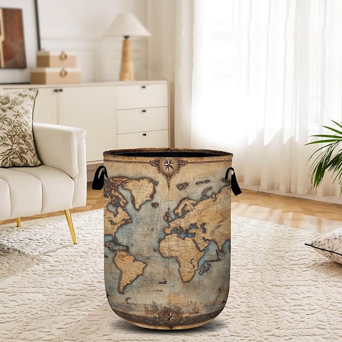 Antique World Map Laundry Basket, Laundry Hamper Collapsible Oxford Cloth with Handle Clothes Toy Storage Bin for Bathroom Laundry Room Bedroom 15.7 X 20 Inch