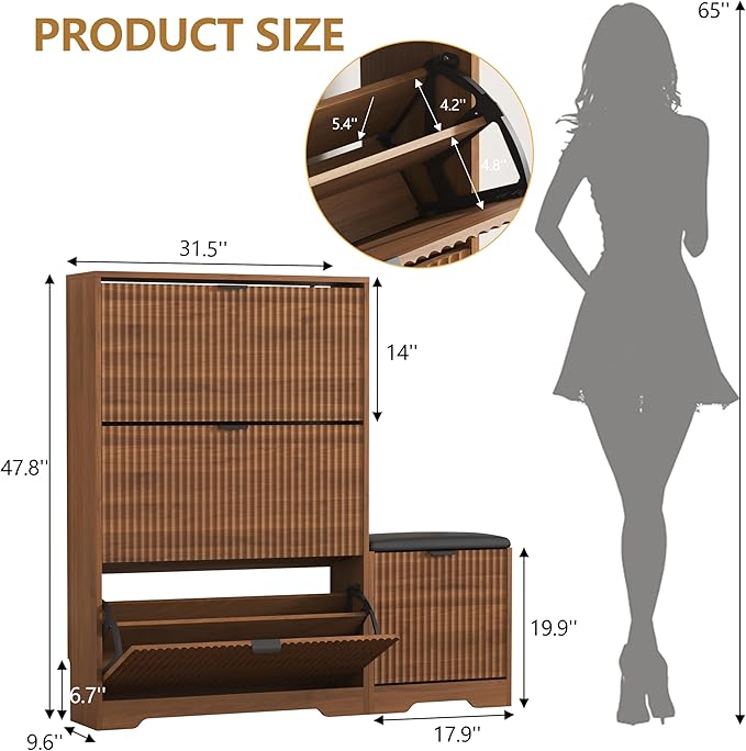 Shoe Cabinet Storage for Entryway with 4 Flip Drawers, Walnut Fluted Shoe Cabinet with Bench, Wooden Hidden Shoe Rack Freestanding Narrow Slim Shoes Storage Organizer for Hallway, Entrance