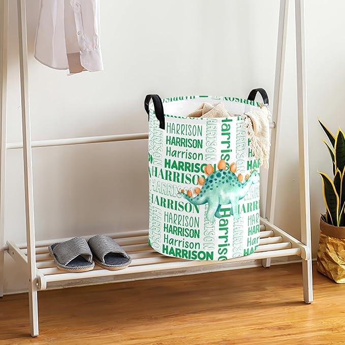 Large Custom Name Laundry Hamper, Dinosaur Personalized Dirty Clothes Hamper Storage Basket with Name for Bathroom Bedrooms, Customized Name Circular Hamper with Handles for Baby Boys Girls Men Women