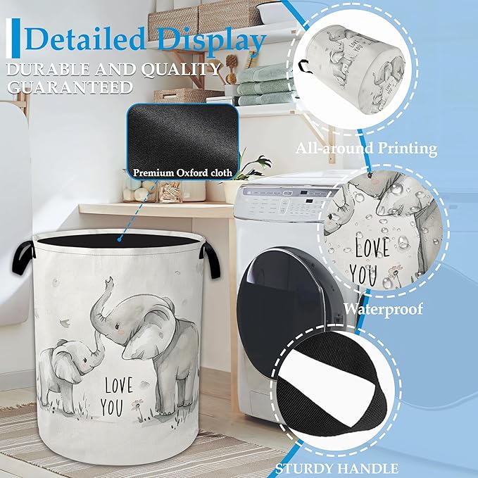 Cute White Elephant Laundry Basket Collapsible Laundry Hamper Oxford Storage Bin for Clothes Storage, Toy Organizer, Books and Sundries 16" X 20.8"