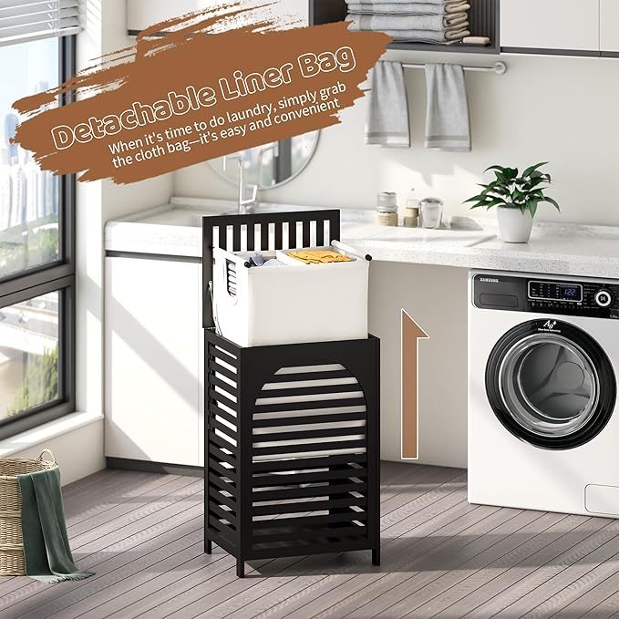 FILWH Laundry Hamper with Lid (16.9 * 13 * 26.5inches) Large Bamboo Laundry Bin Basket 85L Clothes Hamper with 1 Removable Bag Storage baskets for Bathroom(Black)