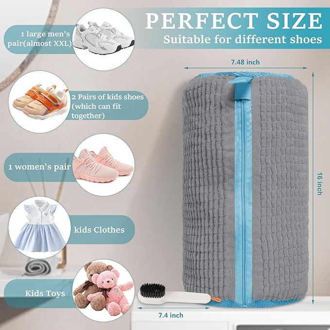 XXL Shoe Washing Machine Bag - 2 Pcs Shoe Laundry Bag for Washer and Dryer, Reusable Shoe Cleaning Bag for All Shoe Sizes,360° Deep Clean for Sneakers Tennis Shoes Running Shoes,Include 1 Brush (Grey)