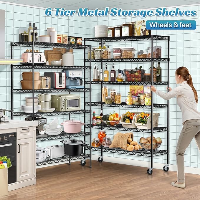 6-Tier Heavy Duty Wire Shelving Unit with Wheels or Leveling Feet, 6000 LBS Total Capacity, Adjustable Metal Storage Rack for Garage, Pantry, Kitchen, Basement, 48" W x 18" D x 76" H, Black