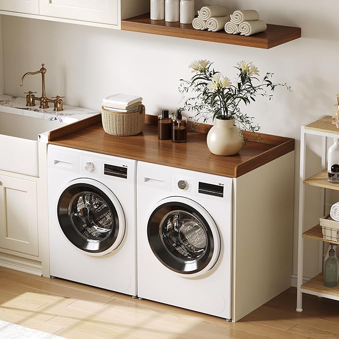 ChooChoo Washer Dryer Countertop, Laundry Room Topper for Folding Clothes and Storage, Over Machine Organizer Table, Walnut