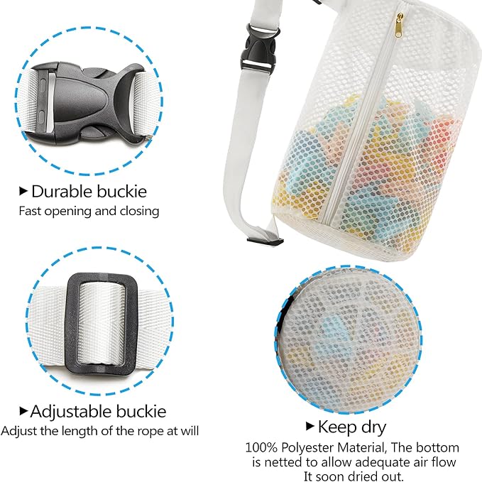 Honeycomb Mesh Zippered Clothespin Bag for clothesline, Waist Pack Many Ways to Wear, Breathable Fabric, Large Opening, Large-Capacity, Hanging Clothespin Holder Bag Storage Organizer with Hooks