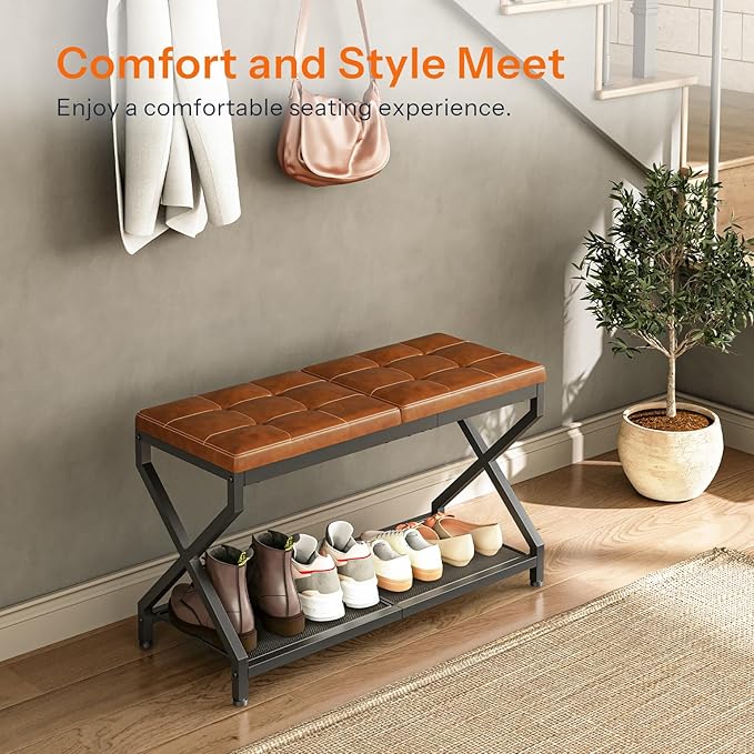 HOOBRO 29.5" L Shoe Bench, Shoe Rack Bench with PU Leather Cushion, Shoe Storage Organizer for Front Door Entrance, 2-Tier Entryway Bench for Small Space, Loads 300 lb, Whiskey Brown CB24HX01