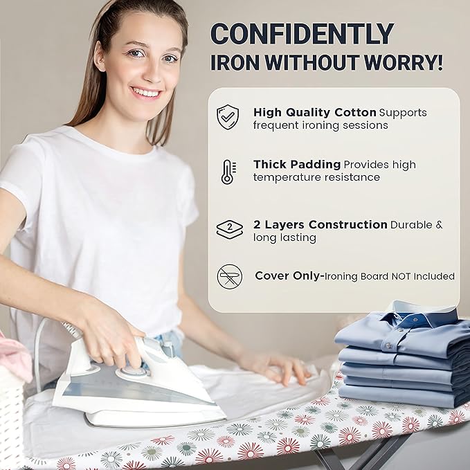 Ironing Board Cover and Pad 15"x54" Extra Thick Natural Cotton, Scorch and Stain Resistant Padding, Standard Size Iron Board Cover with Fasteners Heavy Duty Elastic Edge, Heatproof Sunflora