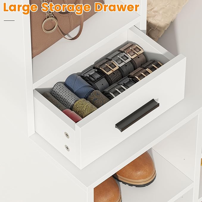 Semoic Farmhouse Hall Tree with 2 Independent Drawers,6-in-1 Entryway Bench with Coat Rack Adjustable Shoe Storage for Foyer/Hallway,White