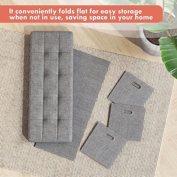 Ornavo Home Storage Ottoman with 3 Drawers, 40 Inches Long Foldable Tufted Linen Large Bench Ottoman with Storage, Foot Rest Stool Seat, for Living Room, Bedroom, Entryway, Gray