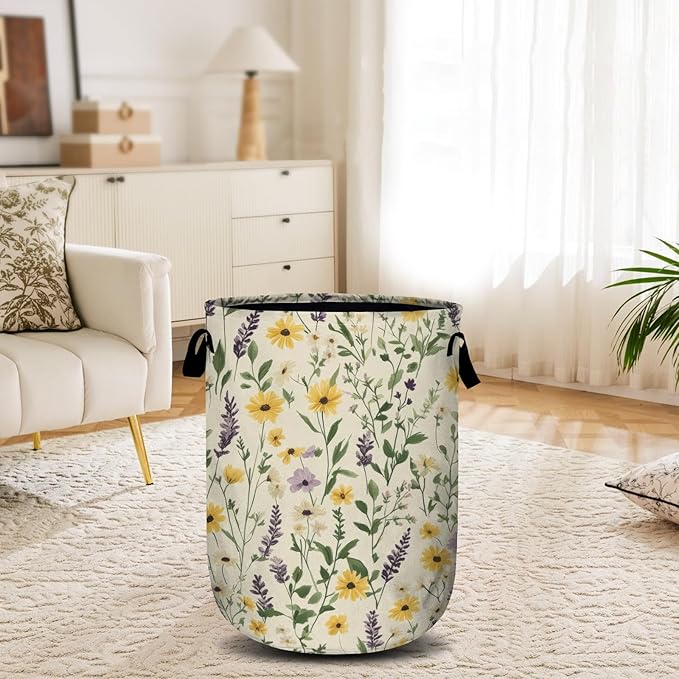 Daisy Lavender and Buttercups Laundry Basket, Laundry Hamper Collapsible Oxford Cloth with Handle Clothes Toy Storage Bin for Bathroom Laundry Room Bedroom 15.7 X 20 Inch