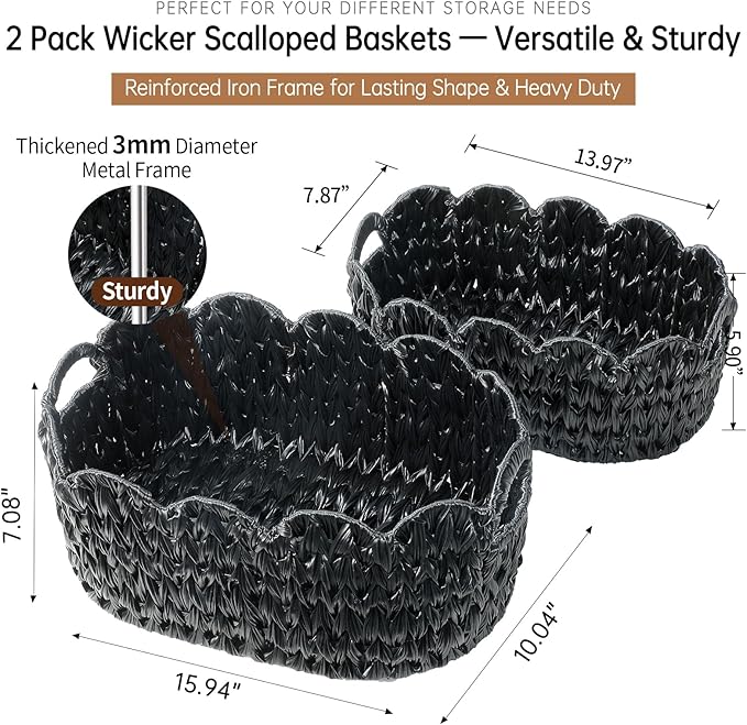 Wicker Scalloped Basket Set of 2,Woven Storage Baskets for Shelves,Closet,Laundry,Gift,Towels,Books,Toys,Waterproof Decor Basket for Organizing,Black Oval