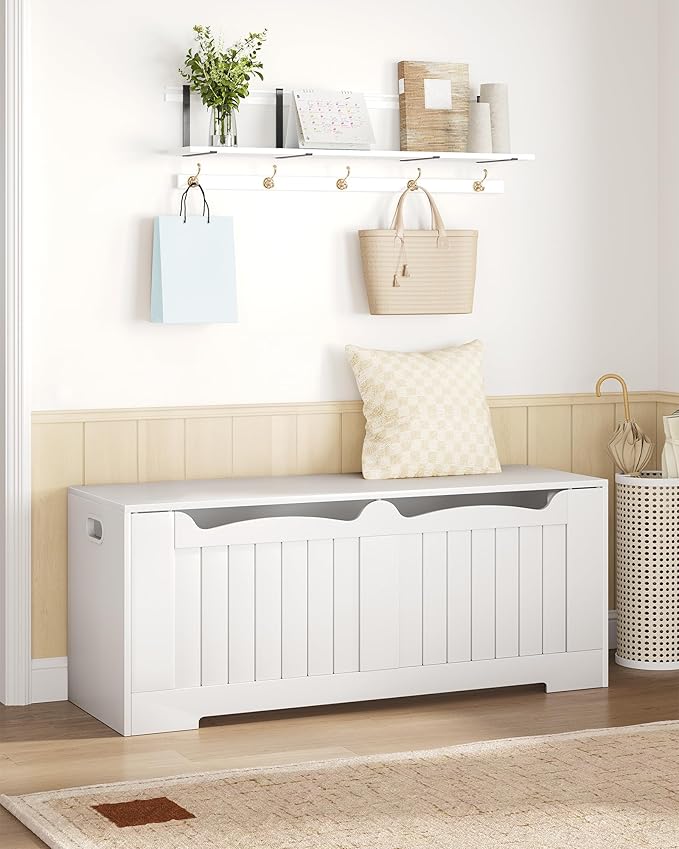 47.2" Storage Chest, Extra Large Storage Bench Trunk with 2 Hinges, Wooden Box, Lift-Top Chest Organizer, Shoe Bench for Entryway, Bedroom, Living Room, White SB28603X