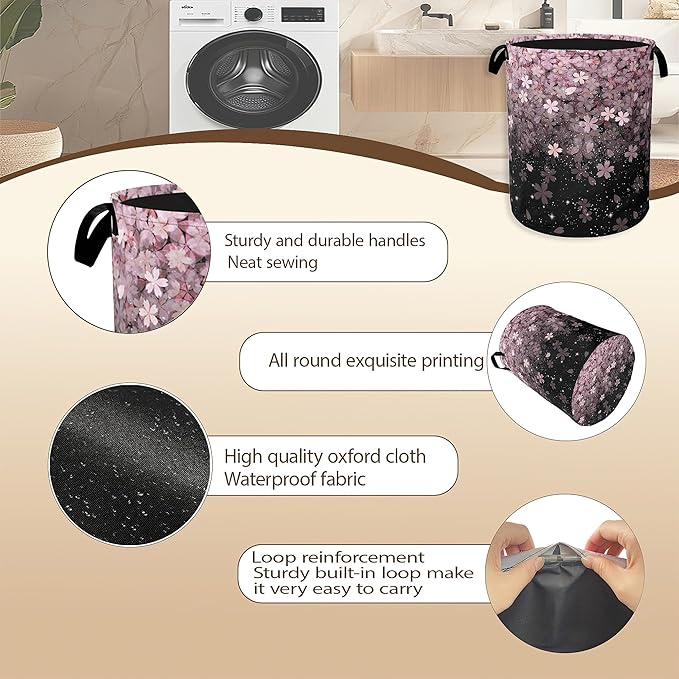 Pink Cherry Blossom Laundry Hamper,Spring Flowers Collapsible Laundry Baskets,Waterproof Oxford Cloth Laundry Room Organization for Bedroom,Bathroom,Nursery,16x20 Inch