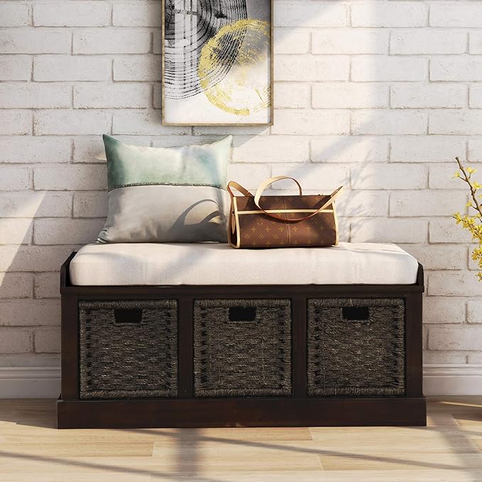 Merax Rustic Entryway Bench with Seat Cushion and 3 Rattan Basket Wood Storage Bench for Living Room Bedrooom Multipurpose Espresso