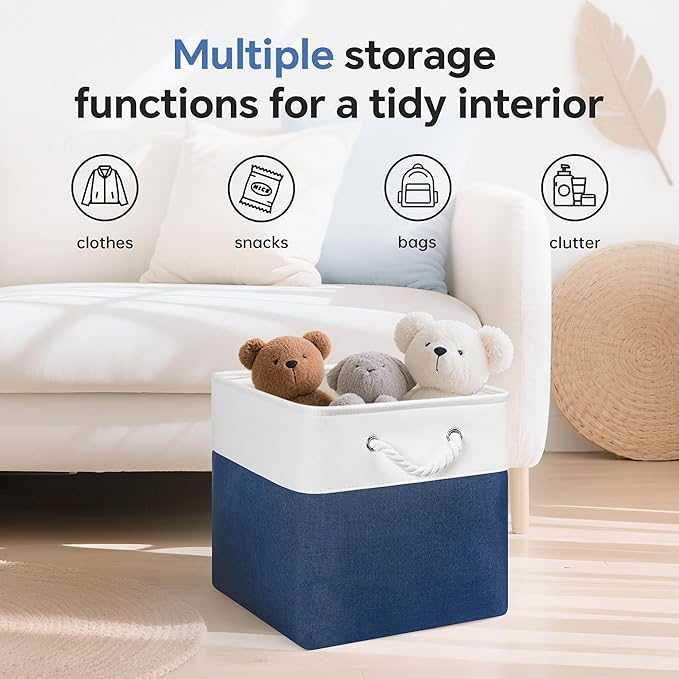 13x13 Inch Cube Storage Bins with Reinforced Bottom Cardboard, 6 Pack Large Foldable Fabric Storage Cubes with Handles for Shelf, Closet, Laundry Organization (White&Navy Blue)