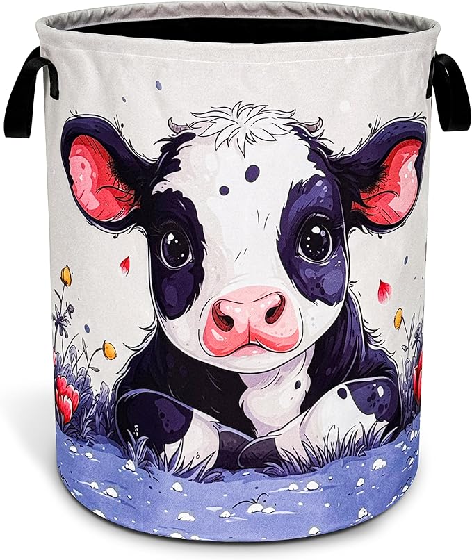 Cute Cow Laundry Basket Animal Foldable Oxford Cloth Funny Tote Bag Laundry Hamper Clothes Storage Bucket Toy Organizer For Bathroom/Laundry Storage/Bedroom 18.9x16.5 Inch