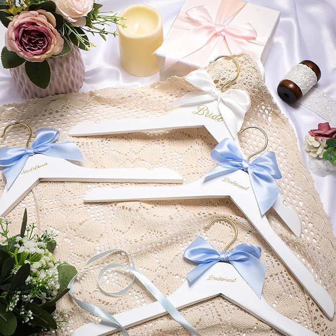 Bride Bridal Bridesmaid Hanger with Maid of Honor White Wooden Wedding Dress Hanger with White Bow and Pink Blue Bow for Bridal Party Shower Wedding Gift(Blue)