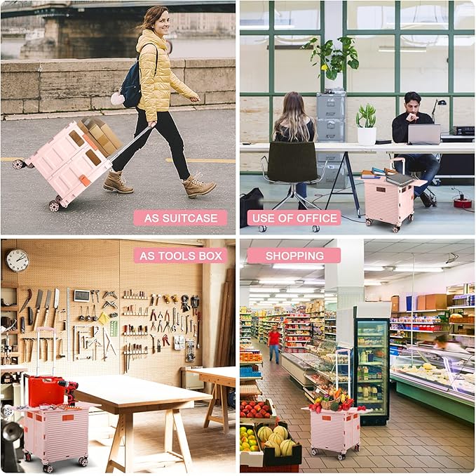 Foldable Utility Cart Folding Portable Rolling Crate with Magnetic Extended Lid,360°Rotate Wheels,176LBS Load Capacity,Heavy Duty Durable Dolly Cart for Teacher Tourist Shopping Office Outdoor